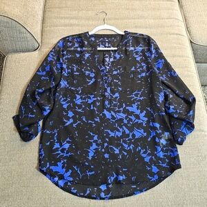 Gap Blue Black Floral Print Sheer Boho Casual Popover Blouse Size XS